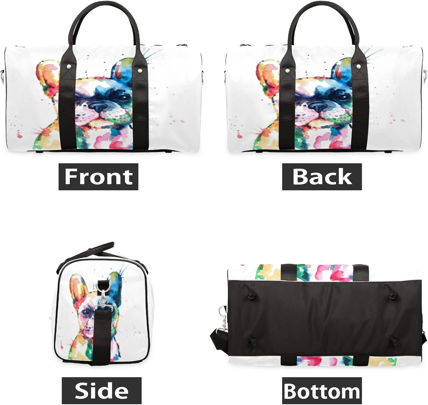 Watercolor French Bulldog Travel Duffel Bag, Dog Pattern Sports Gym Bag Waterproof Weekender Bag Overnight Travel Carry on Bag Duffel Tote for Women and Men