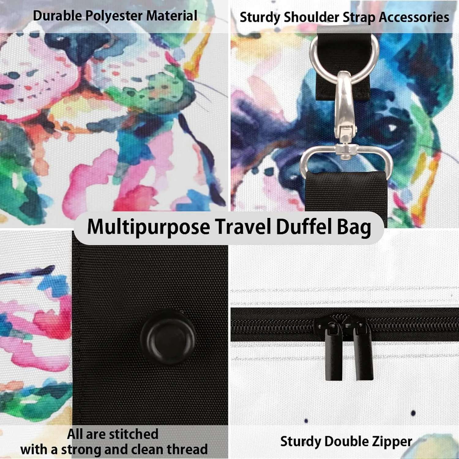 Watercolor French Bulldog Travel Duffel Bag, Dog Pattern Sports Gym Bag Waterproof Weekender Bag Overnight Travel Carry on Bag Duffel Tote for Women and Men