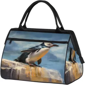 Watercolor Penguin Cliff Travel Duffle Bag, Waterproof Duffel Bag Weekender Overnight Carry On Bag Lightweight Sport Gym Bag for Men Women