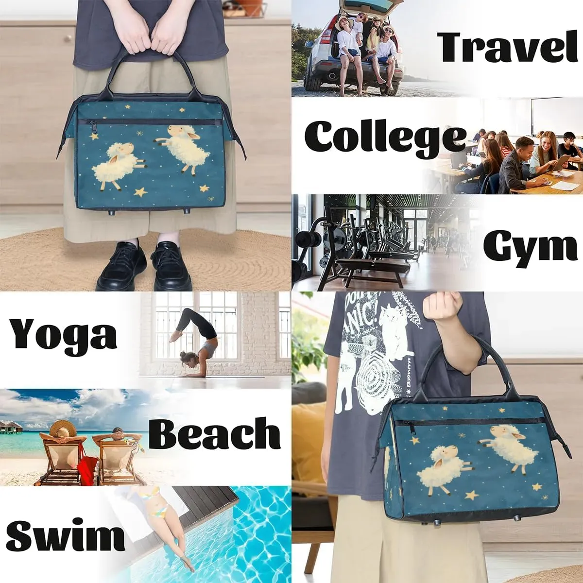 Watercolor Sheep Starry Sky Travel Duffle Bag, Waterproof Duffel Bag Weekender Overnight Carry On Bag Lightweight Sport Gym Bag for Men Women