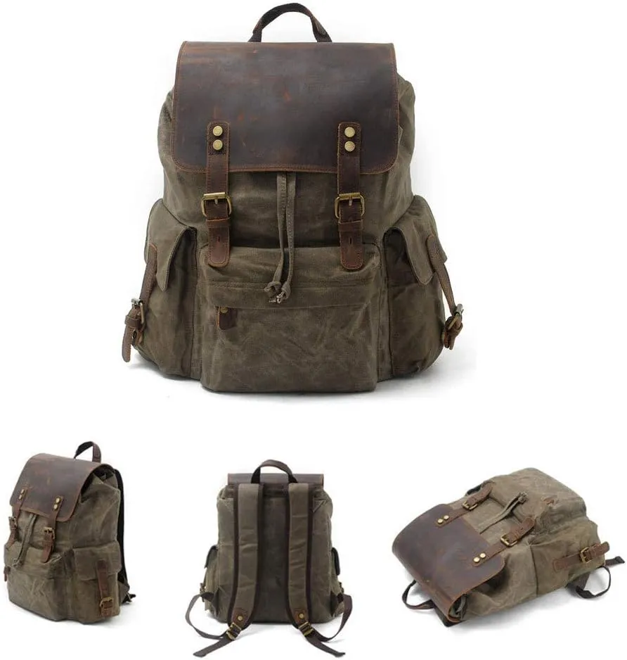 Waterproof Batik Canvas Men's Bag with Leather Backpack Europe and America Retro Backpack Outdoor Travel Bag Large Capacity Bag,Militarygreen
