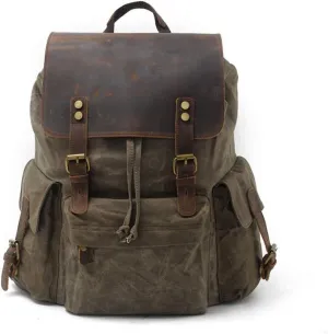 Waterproof Batik Canvas Men's Bag with Leather Backpack Europe and America Retro Backpack Outdoor Travel Bag Large Capacity Bag,Militarygreen
