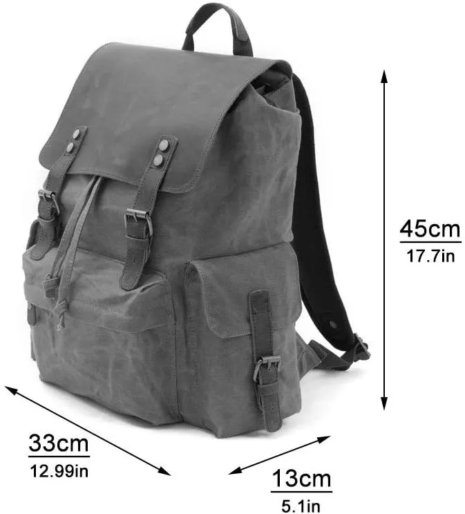 Waterproof Batik Canvas Men's Bag with Leather Backpack Europe and America Retro Backpack Outdoor Travel Bag Large Capacity Bag,Militarygreen