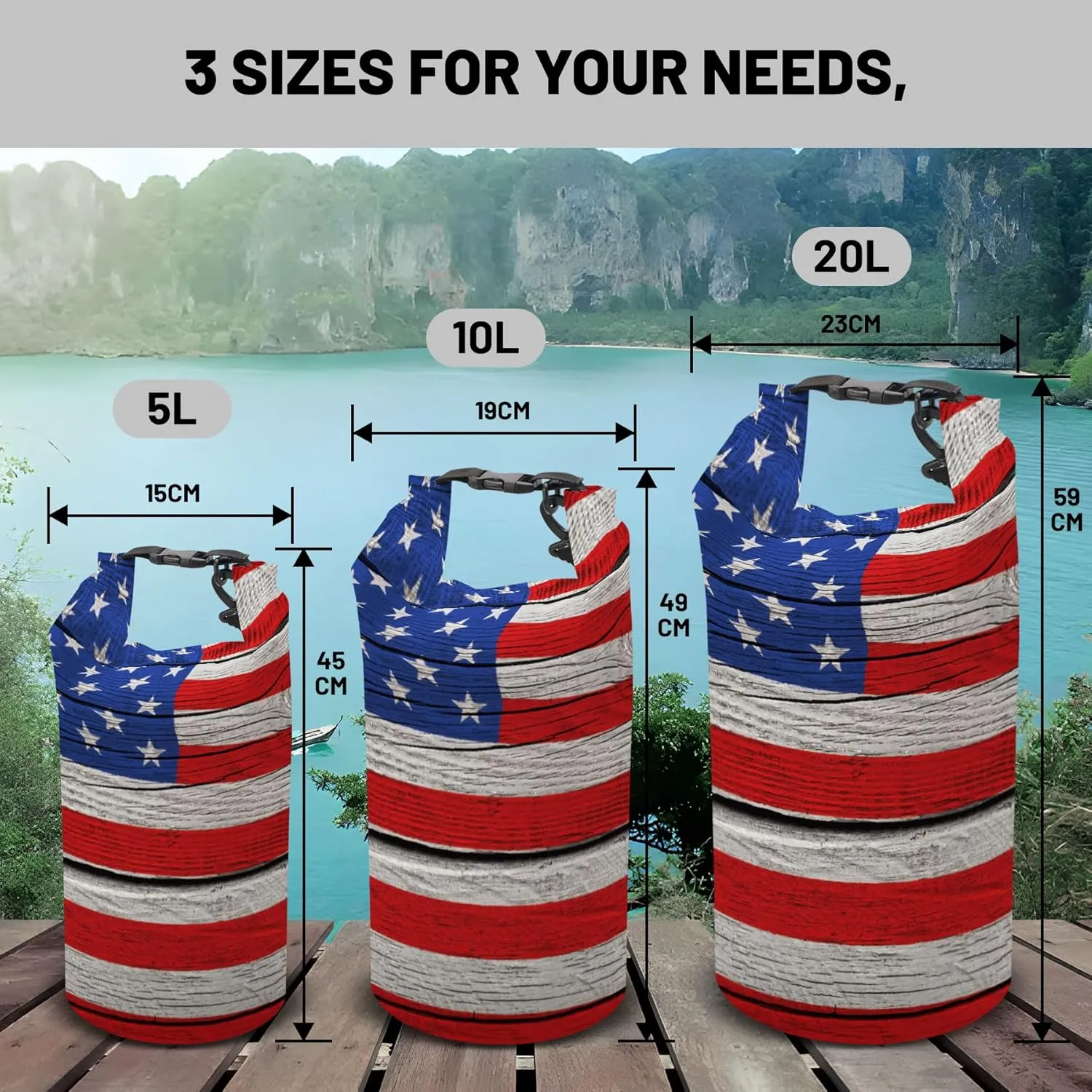 Waterproof Dry Bag,Roll Top American Flag Vintage Small Waterproof Backpack 5L/10L/20L Floating and Lightweight Bags for Kayaking, Boating, Fishing, Swimming and Camping