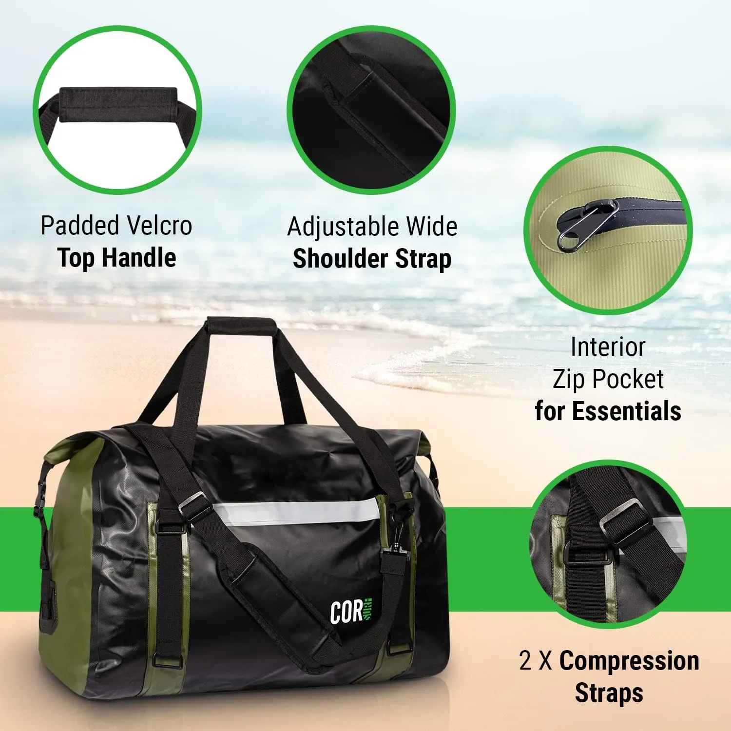 Waterproof Duffel Bag 60L Extra Large | Heavy Duty Dry Duffle Gear Bag with Durable Compression Straps & Handles for Surf Paddle Dive Snowboard Kayak or Motorcycle by Cor Surf