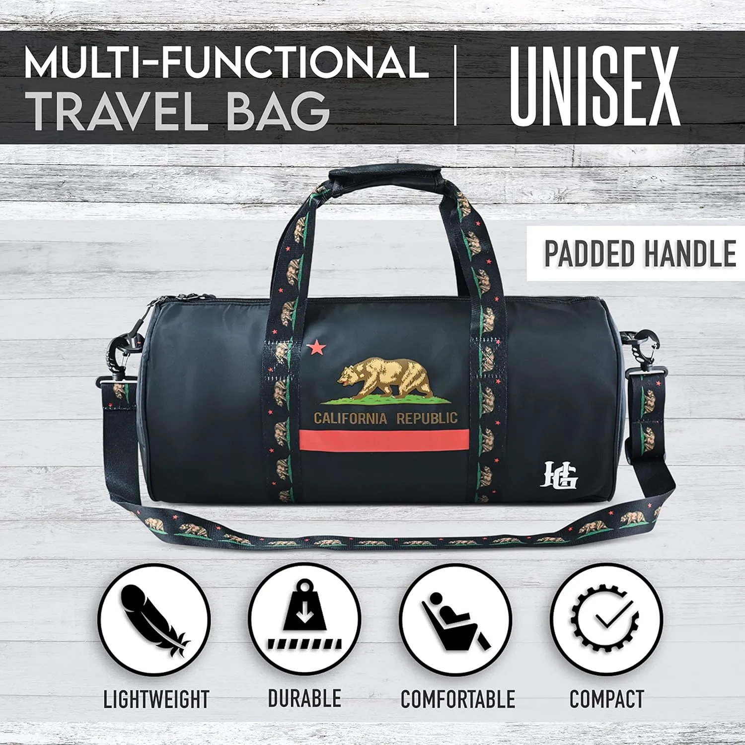 Waterproof Duffle Bag - Wide Opening, Ergonomic Handles | Suitable for Gym, Boating, Camping | Travel Duffle Bag for Men & Women (California Republic)