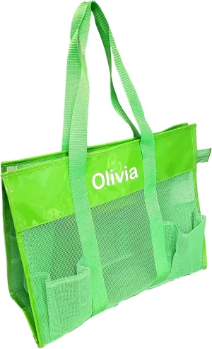 Waterproof Mesh Shopper Utility Beach Bag Zipper Organizing Tote (Green with Personalized Vinyl Name)