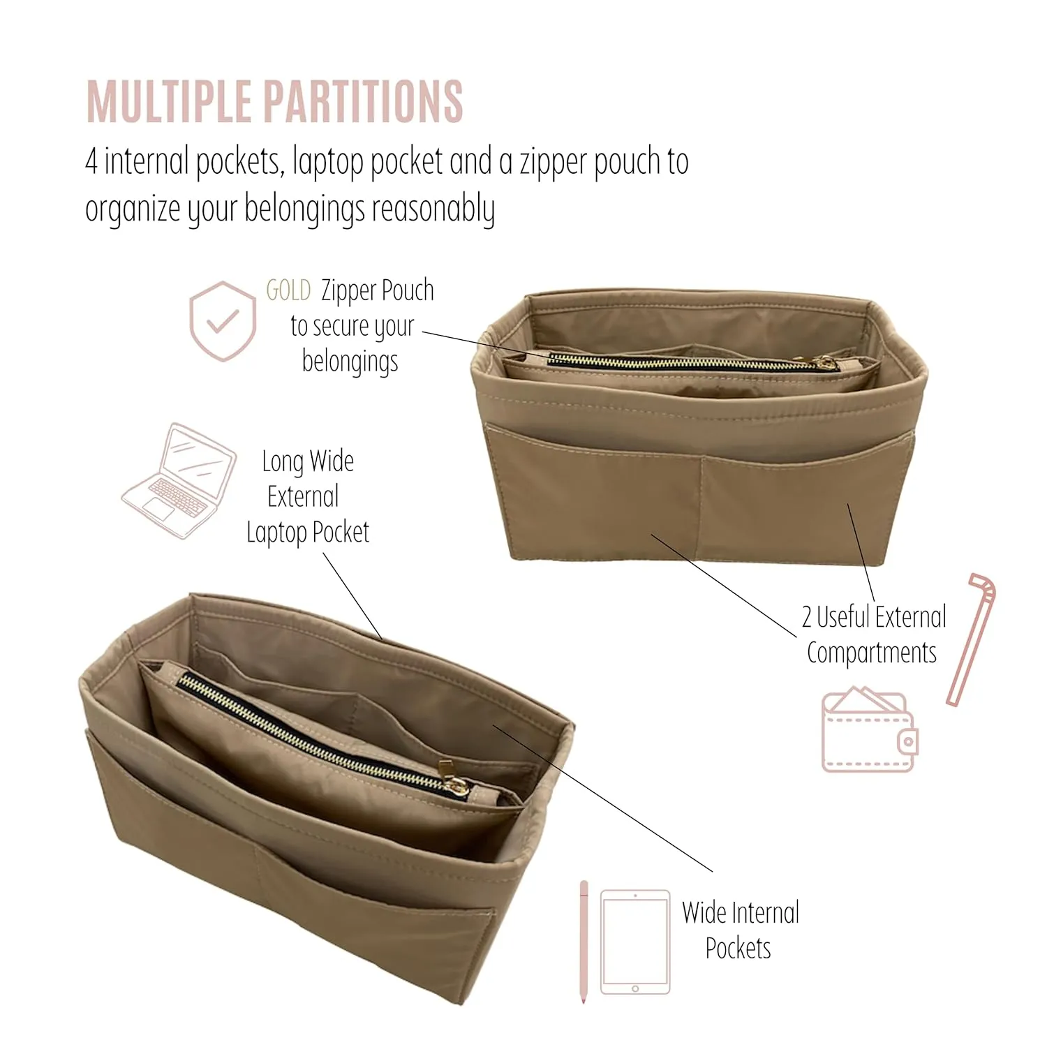 Waterproof Nylon Purse Organizer for Neverfull MM with zipper, Lv Neverfull Bag Organizer MM Nylon, Neverfull GM Insert Handmade Snug Sturdy Gold Zipper (For Neverfull GM, Dark Taupe)