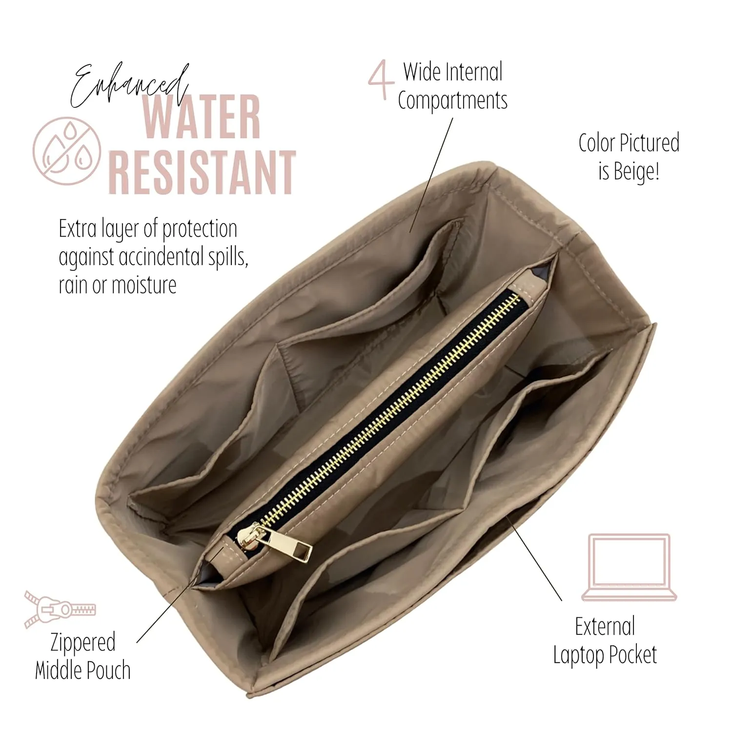 Waterproof Nylon Purse Organizer for Neverfull MM with zipper, Lv Neverfull Bag Organizer MM Nylon, Neverfull GM Insert Handmade Snug Sturdy Gold Zipper (For Neverfull PM, Olive)