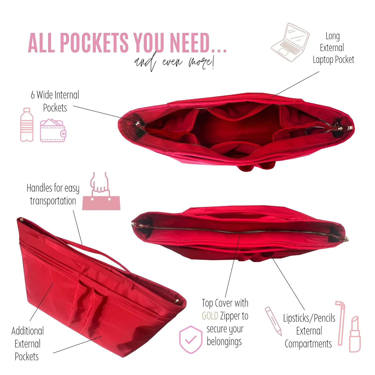 Waterproof Nylon Purse Organizer for Neverfull MM with zipper, Lv Neverfull Bag Organizer MM Nylon, Neverfull GM Insert Handmade Snug Sturdy Gold Zipper (For Neverfull PM, Red)
