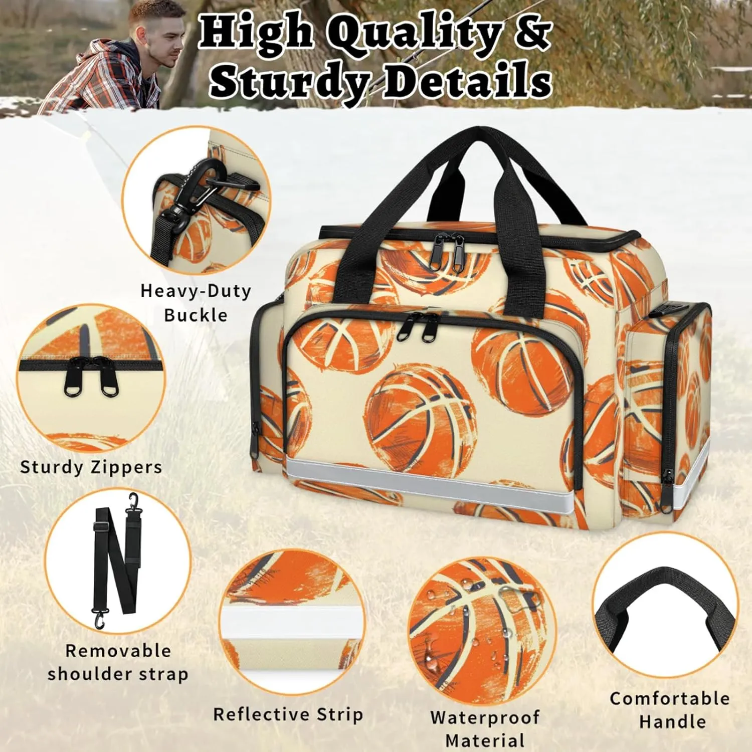 Waterproof Tactical Duffle Bag 25" Carry On Bag for EMT Tear-Resistant Gym Bag with Multi-Pocket & OSHA Reflective Travel Bags for Men Women Basketballs Printed