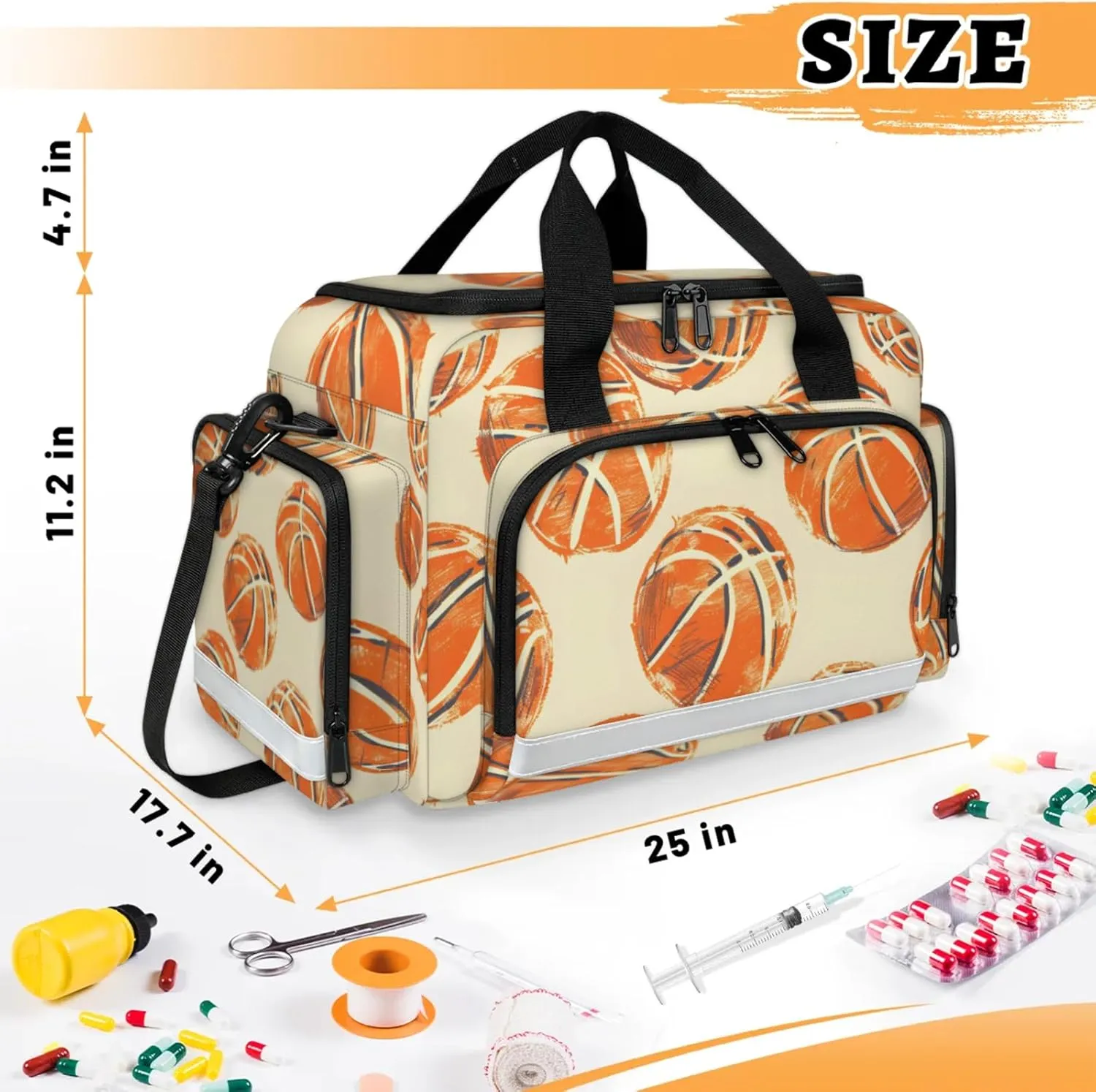 Waterproof Tactical Duffle Bag 25" Carry On Bag for EMT Tear-Resistant Gym Bag with Multi-Pocket & OSHA Reflective Travel Bags for Men Women Basketballs Printed