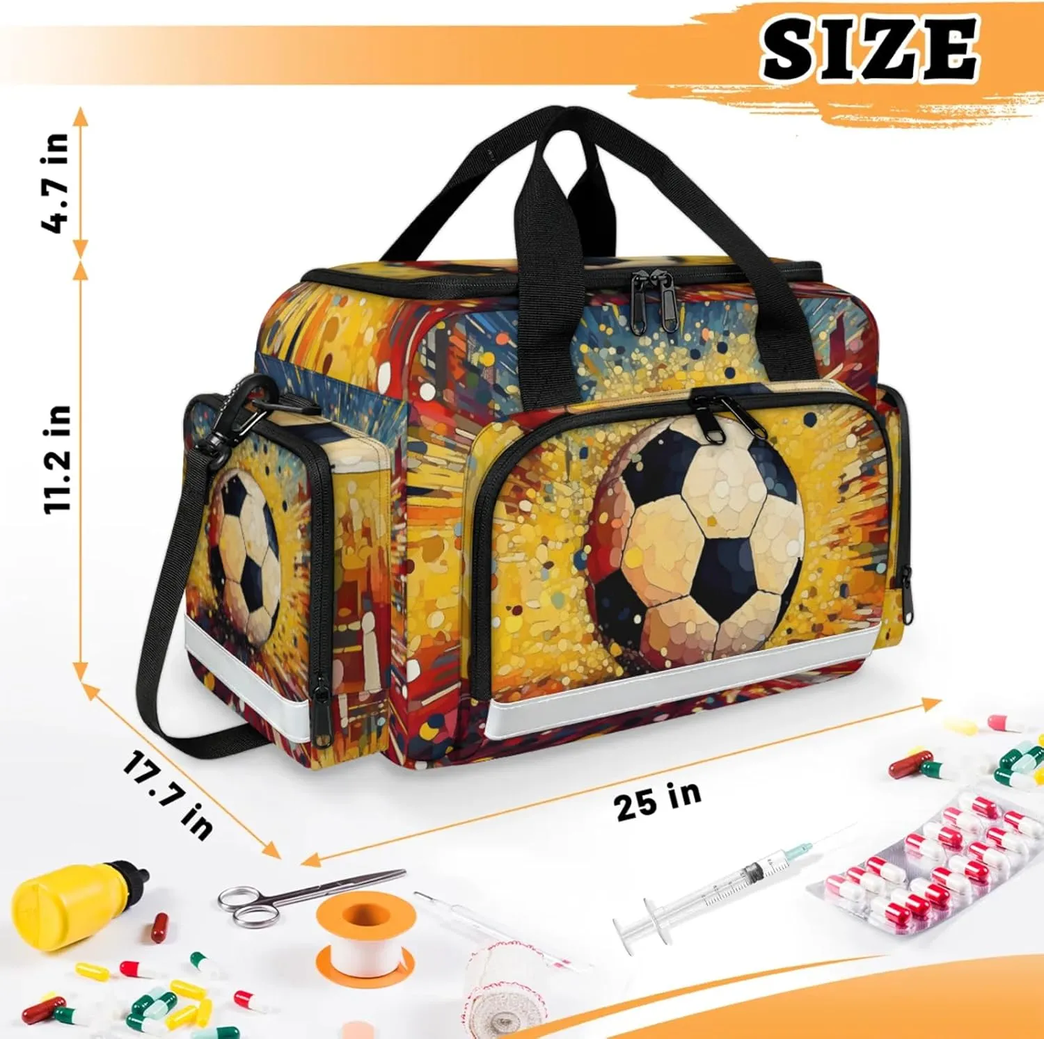 Waterproof Tactical Duffle Bag 25" Carry On Bag for EMT Tear-Resistant Gym Bag with Multi-Pocket & OSHA Reflective Travel Bags for Men Women Creative Soccer