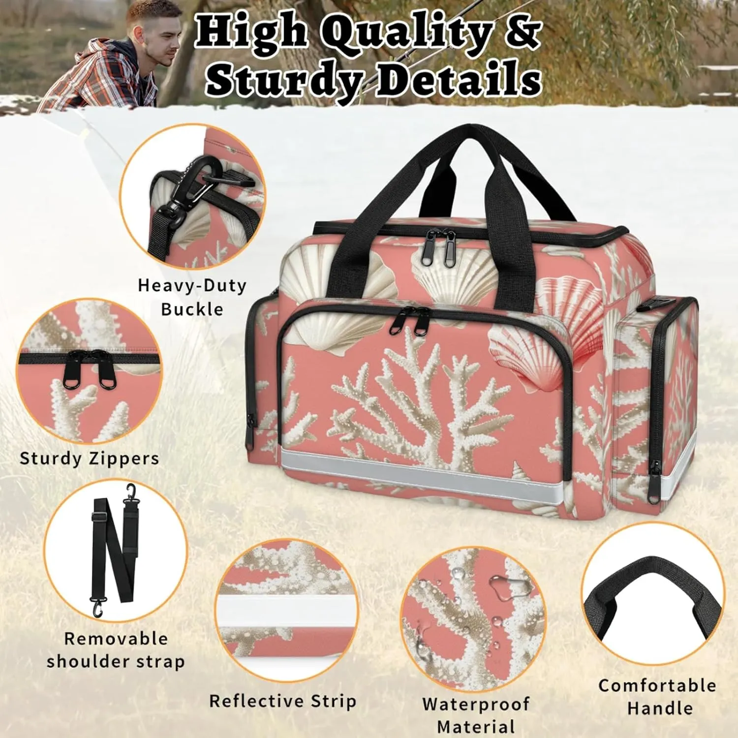 Waterproof Tactical Duffle Bag 25" Carry On Bag for EMT Tear-Resistant Gym Bag with Multi-Pocket & OSHA Reflective Travel Bags for Men Women Seashell Coral