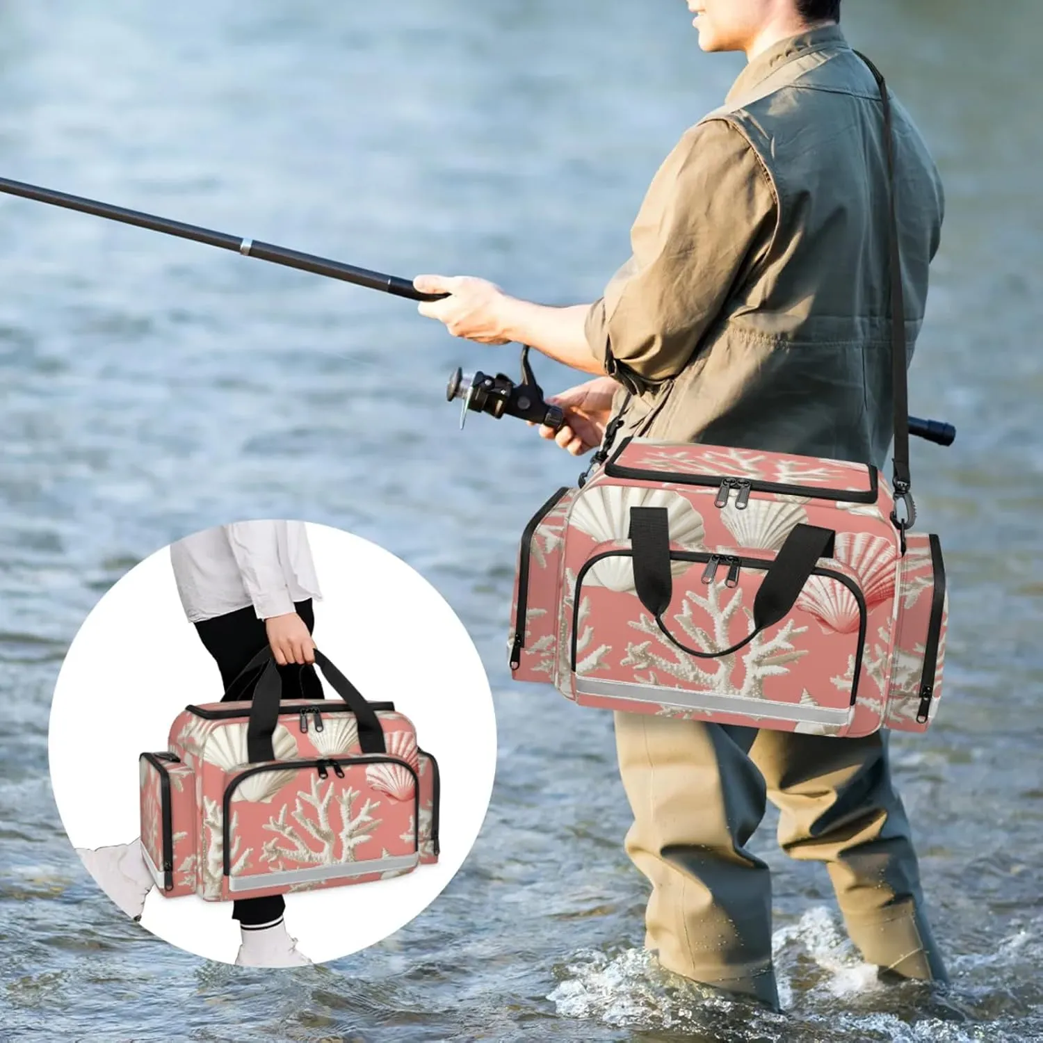 Waterproof Tactical Duffle Bag 25" Carry On Bag for EMT Tear-Resistant Gym Bag with Multi-Pocket & OSHA Reflective Travel Bags for Men Women Seashell Coral