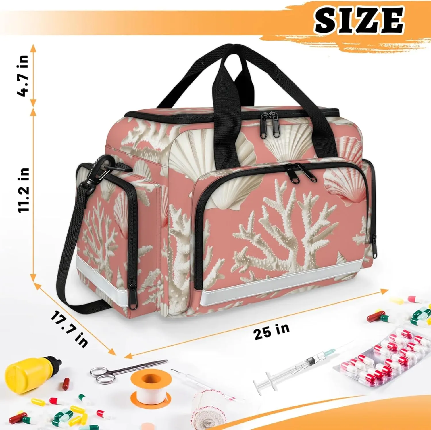 Waterproof Tactical Duffle Bag 25" Carry On Bag for EMT Tear-Resistant Gym Bag with Multi-Pocket & OSHA Reflective Travel Bags for Men Women Seashell Coral