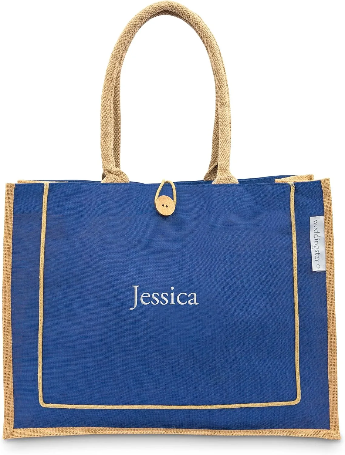 WEDDINGSTAR Large Personalized Reusable Fabric Beach Tote Bag - Blue Burlap