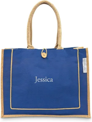 WEDDINGSTAR Large Personalized Reusable Fabric Beach Tote Bag - Blue Burlap