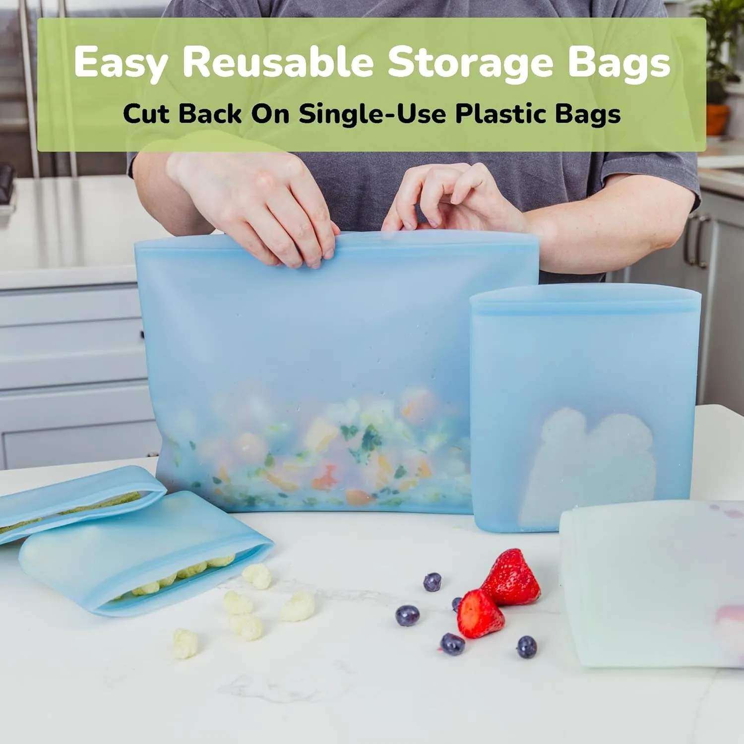 WeeSprout Reusable Silicone Bags (Set of 3) 100% Food Grade Storage Containers, Leakproof, Dishwasher & Microwave Safe, Snack, Sandwich, Quart, & Half Gallon Sizes