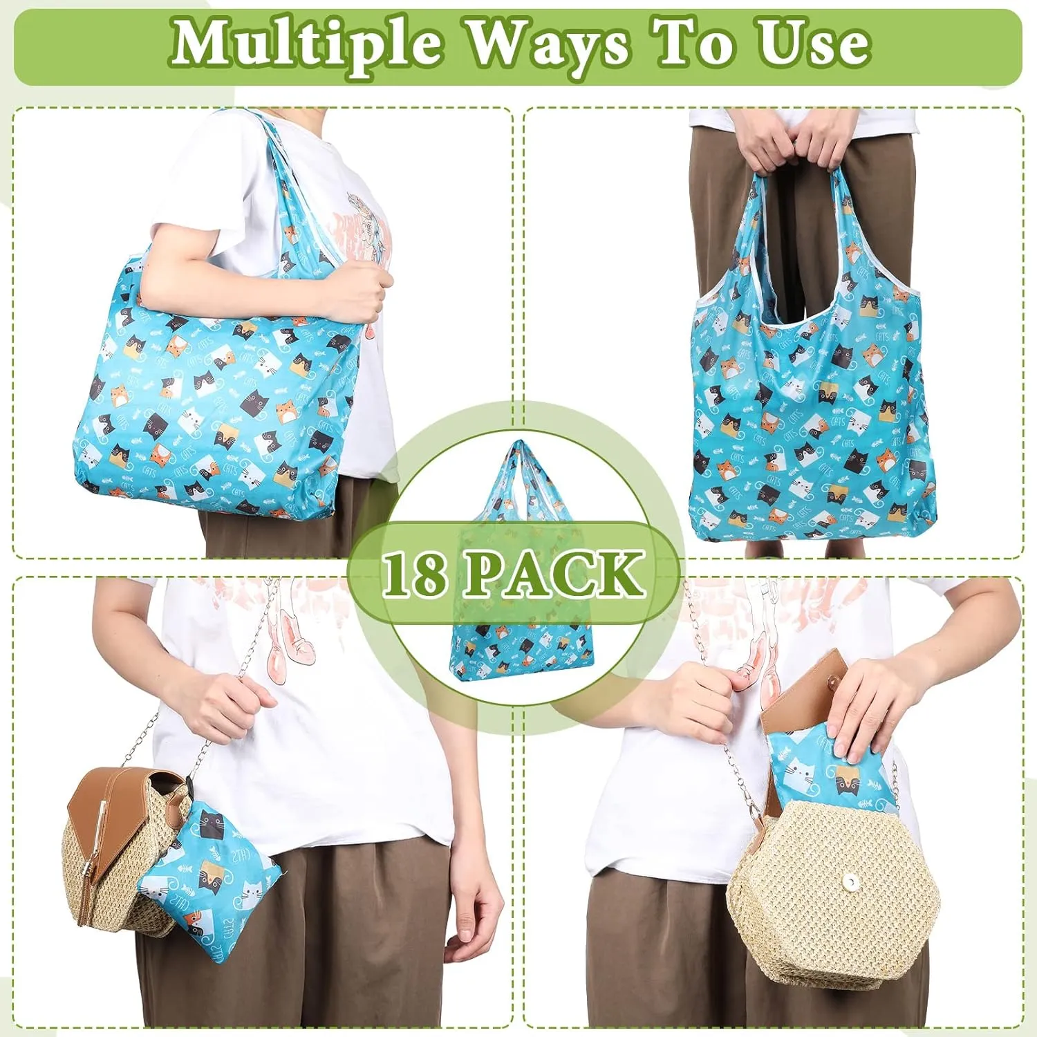 Weewooday 18 Pieces Foldable Reusable Shopping Bags Machine Washable Grocery Bags Waterproof