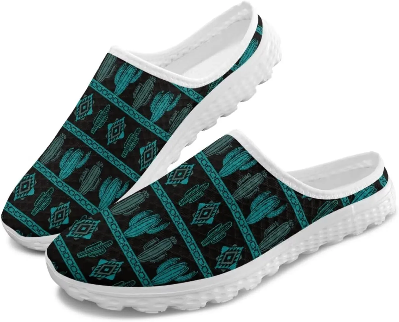 Western Aztec Print Mule Tennis Shoes for Women Flats Garden Shoes Mesh Running Sneakers, Arch Support US 6-13.5