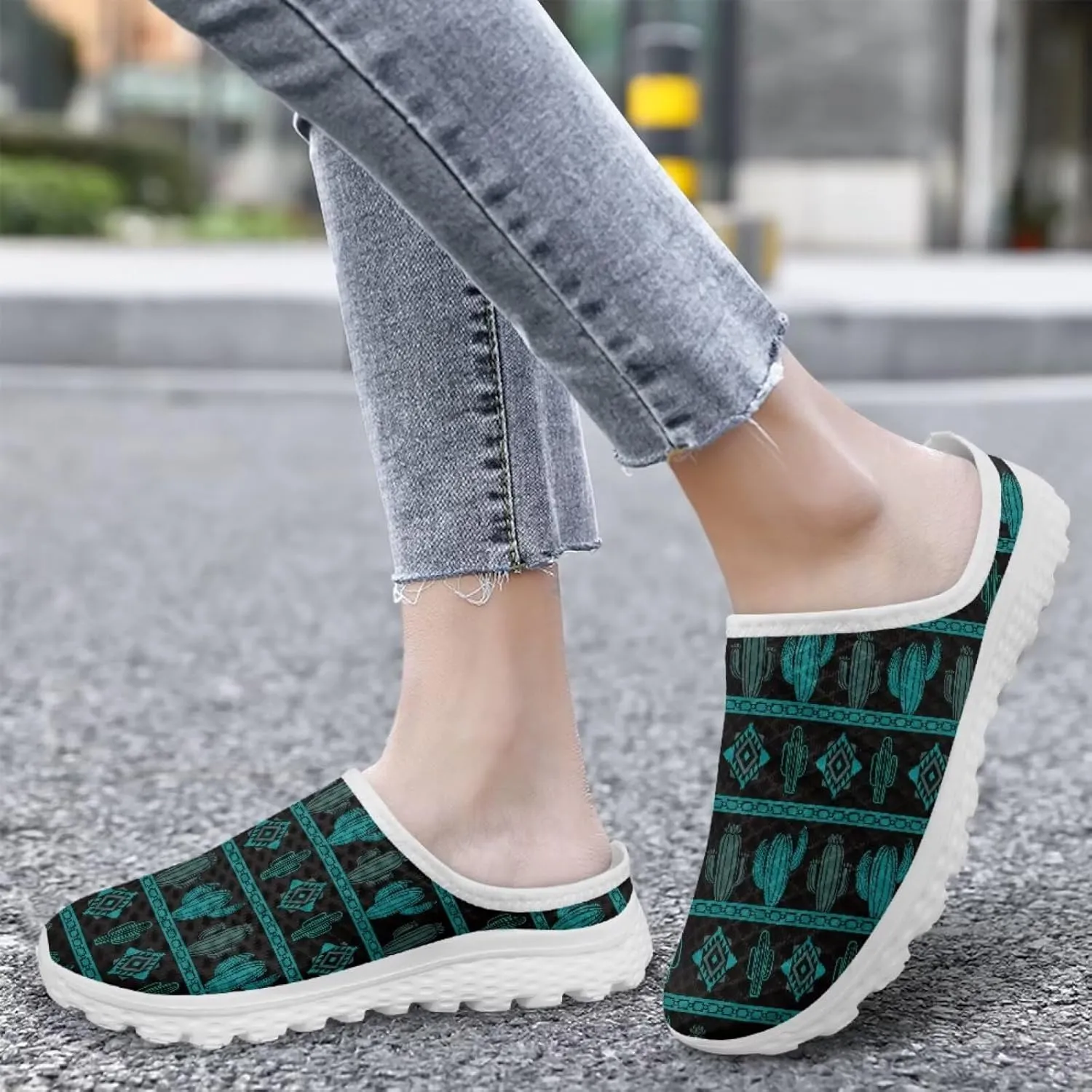 Western Aztec Print Mule Tennis Shoes for Women Flats Garden Shoes Mesh Running Sneakers, Arch Support US 6-13.5