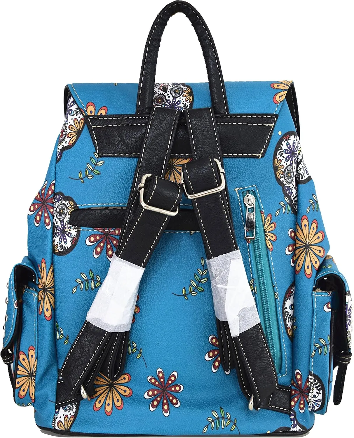 WESTERN ORIGIN Sugar Skull Day of the Dead Daypack Punk Gothic Backpack Rose Flower Fashion Women Travel Biker Purse Daypack Wallet Set (Turquoise Set)