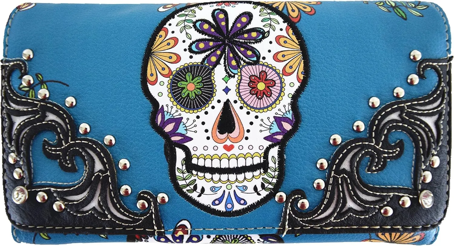 WESTERN ORIGIN Sugar Skull Day of the Dead Daypack Punk Gothic Backpack Rose Flower Fashion Women Travel Biker Purse Daypack Wallet Set (Turquoise Set)
