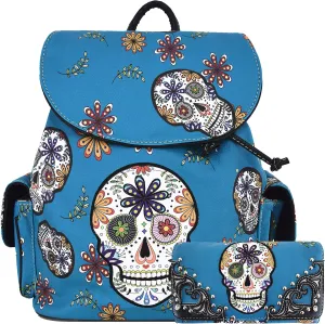 WESTERN ORIGIN Sugar Skull Day of the Dead Daypack Punk Gothic Backpack Rose Flower Fashion Women Travel Biker Purse Daypack Wallet Set (Turquoise Set)