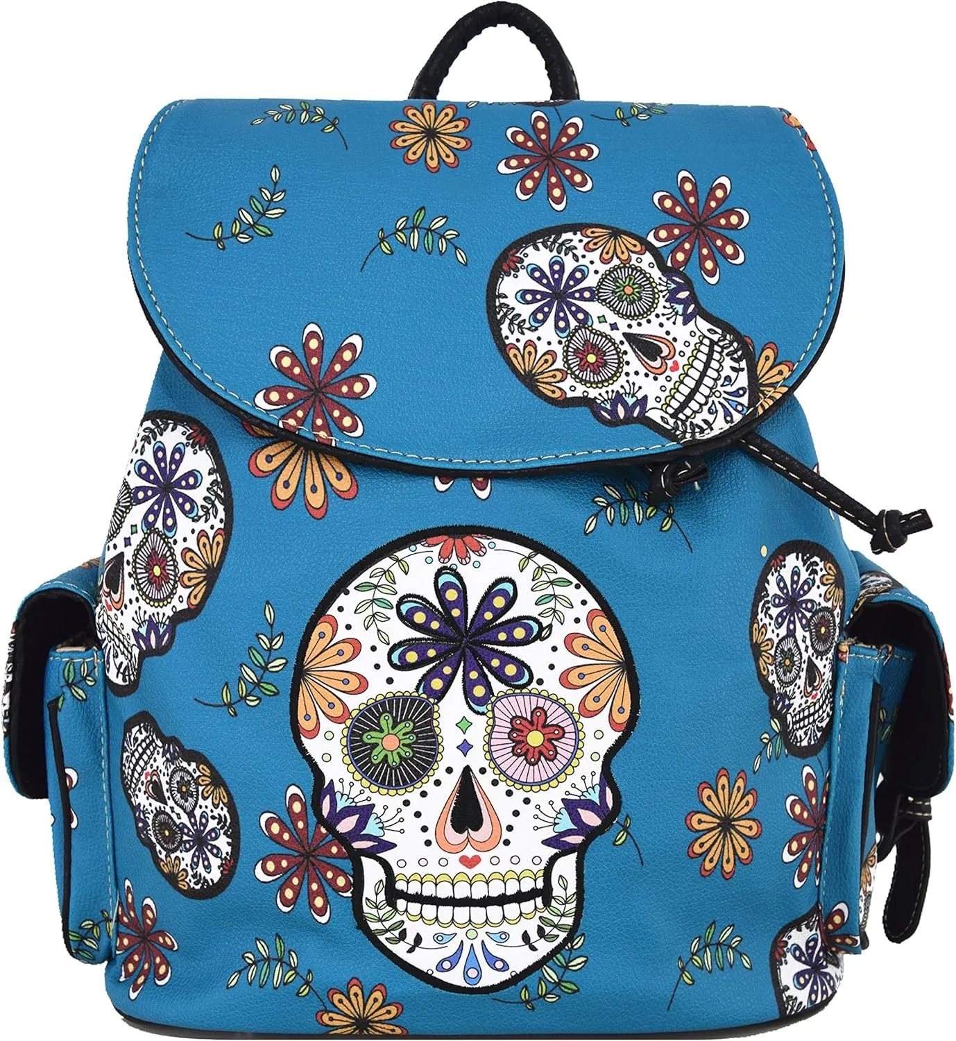 WESTERN ORIGIN Sugar Skull Day of the Dead Daypack Punk Gothic Backpack Rose Flower Fashion Women Travel Biker Purse Daypack Wallet Set (Turquoise Set)