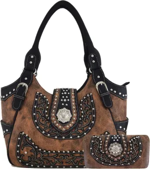 Western Style Berry Conchos Cowgirl Country Conceal Carry Purses Crossbody Handbags Women Shoulder Bags Wallet Set Brown