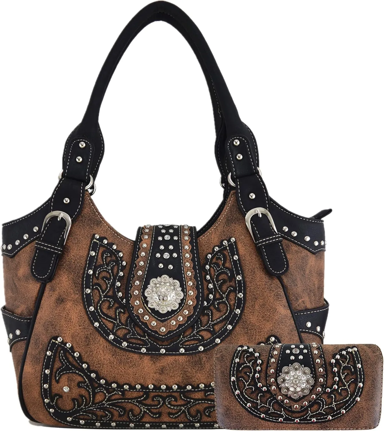 Western Style Berry Conchos Cowgirl Country Conceal Carry Purses Crossbody Handbags Women Shoulder Bags Wallet Set Brown