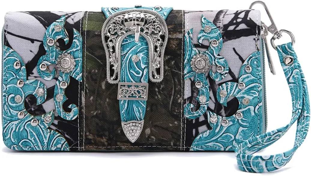Western Style Camouflage Purse Concho Buckle Tooled Floral Country Studs Crossbody Women Handbag Shoulder Bag Wallet Set