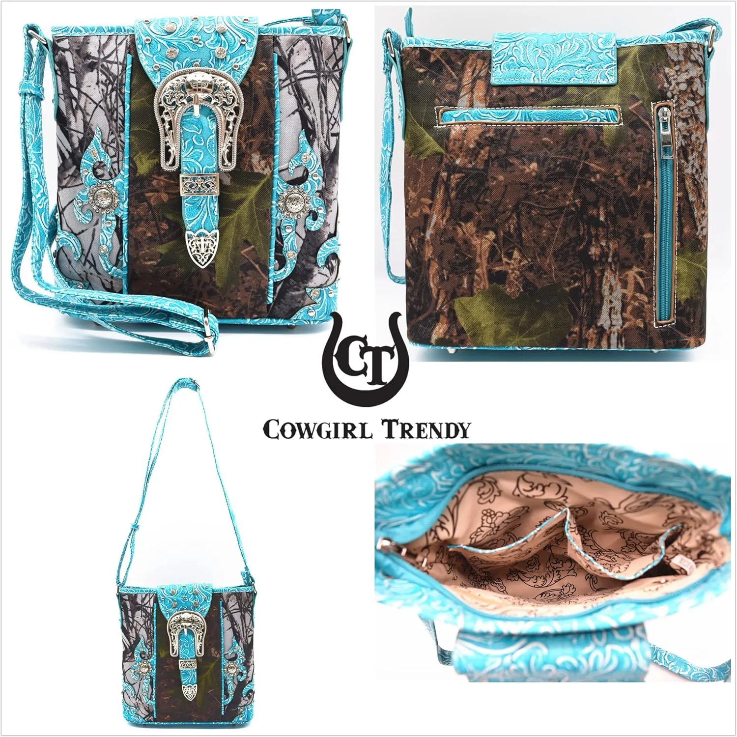 Western Style Camouflage Purse Concho Buckle Tooled Floral Country Studs Crossbody Women Handbag Shoulder Bag Wallet Set