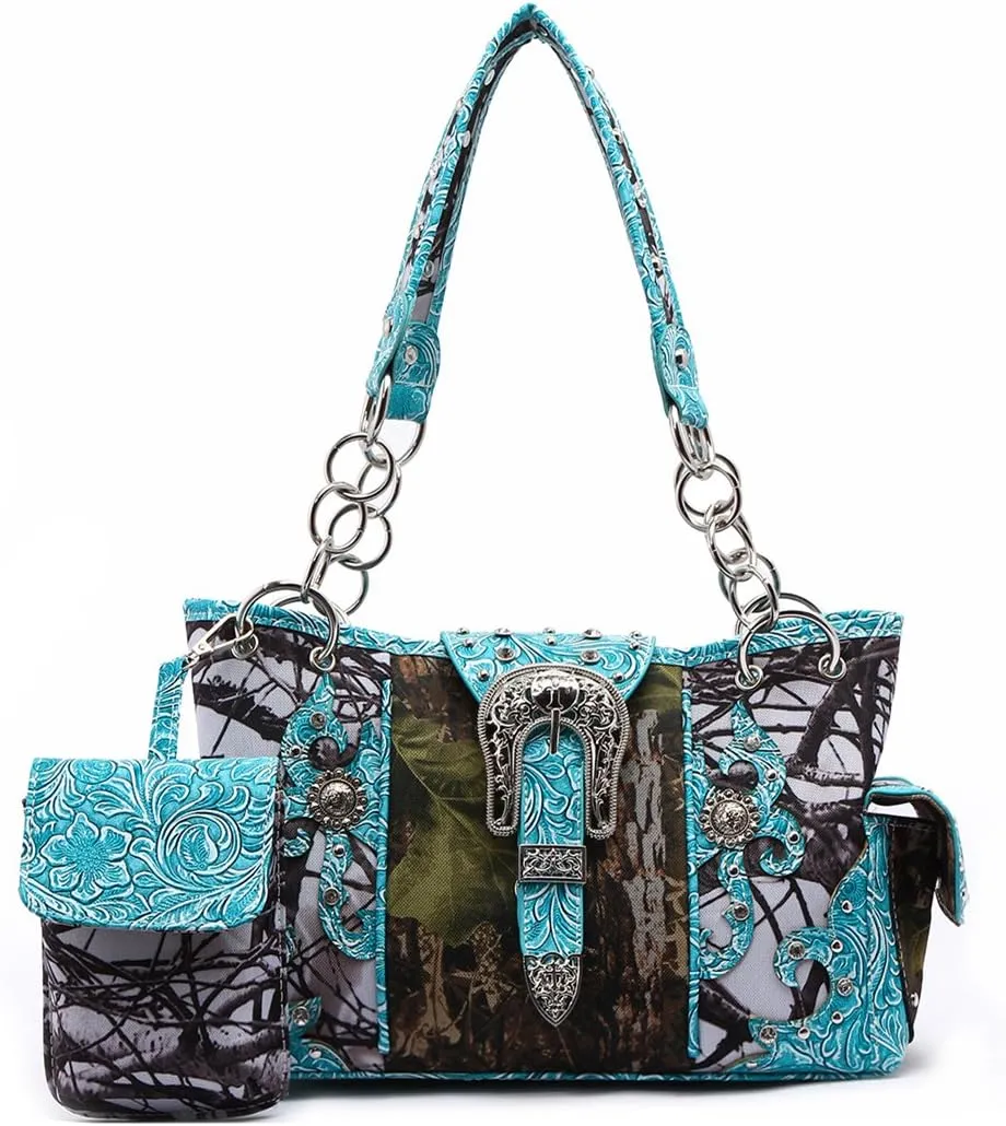 Western Style Camouflage Purse Concho Buckle Tooled Floral Country Studs Crossbody Women Handbag Shoulder Bag Wallet Set