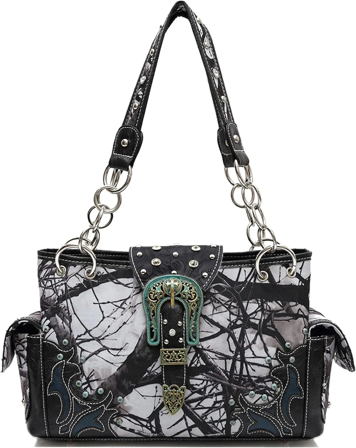 Western Style Camouflage Purse Concho Buckle Tooled Floral Country Studs Crossbody Women Handbag Shoulder Bag Wallet Set