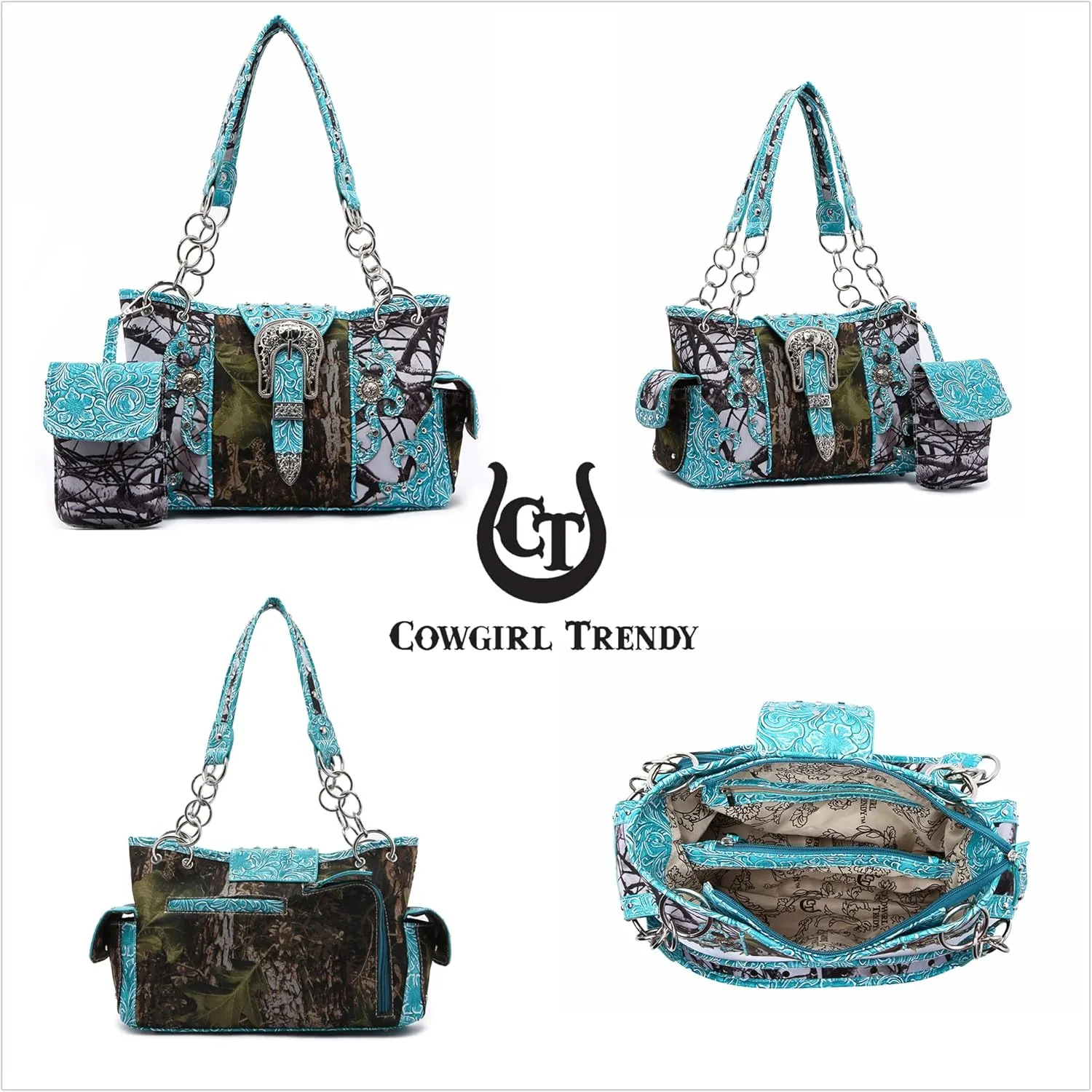 Western Style Camouflage Purse Concho Buckle Tooled Floral Country Studs Crossbody Women Handbag Shoulder Bag Wallet Set
