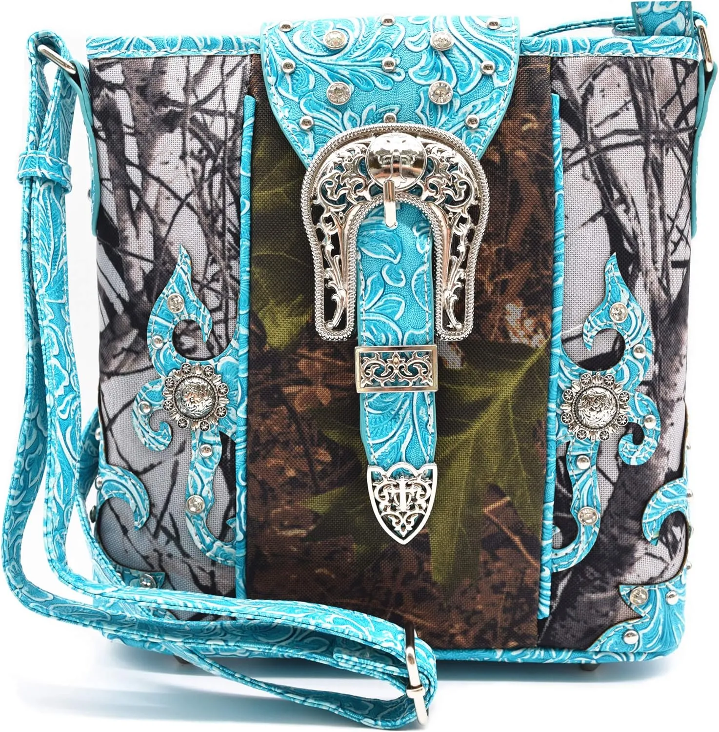 Western Style Camouflage Purse Concho Buckle Tooled Floral Country Studs Crossbody Women Handbag Shoulder Bag Wallet Set