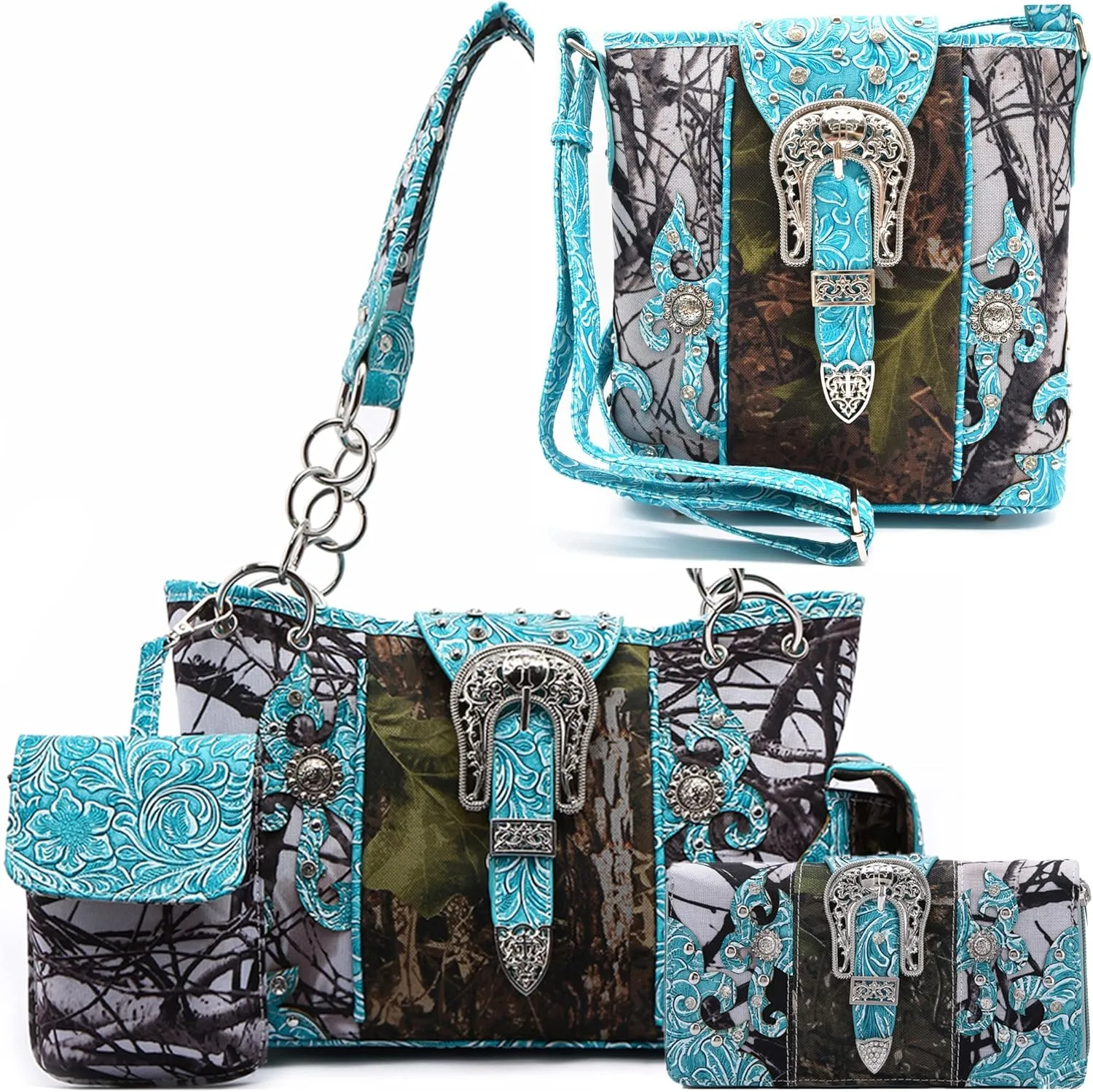 Western Style Camouflage Purse Concho Buckle Tooled Floral Country Studs Crossbody Women Handbag Shoulder Bag Wallet Set