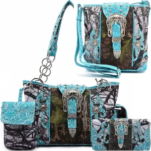 Western Style Camouflage Purse Concho Buckle Tooled Floral Country Studs Crossbody Women Handbag Shoulder Bag Wallet Set