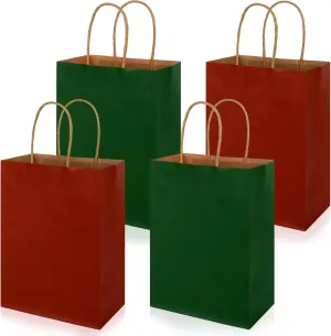 Whaline 24Pcs Christmas Kraft Paper Gift Bags Xmas Party Favor Bags with Handles Red Green Candy Treat Bags for Winter New Year Birthday Party Gift Wrap Decor