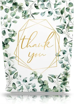 Whaline Thank You Merchandise Bag with Die Cut Handle Plastic Greenery Leaves Theme Boutique Bags 12 x 16 Inch Bulk Thank You Gift Bags for Wedding Birthday Baby Shower Party Shopping Retail 50 Pack