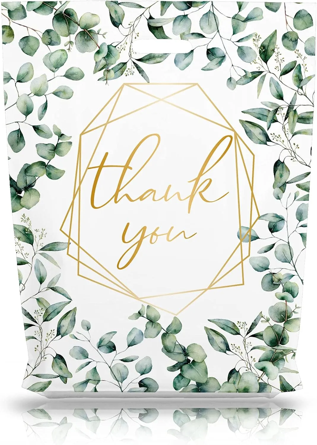 Whaline Thank You Merchandise Bag with Die Cut Handle Plastic Greenery Leaves Theme Boutique Bags 12 x 16 Inch Bulk Thank You Gift Bags for Wedding Birthday Baby Shower Party Shopping Retail 50 Pack