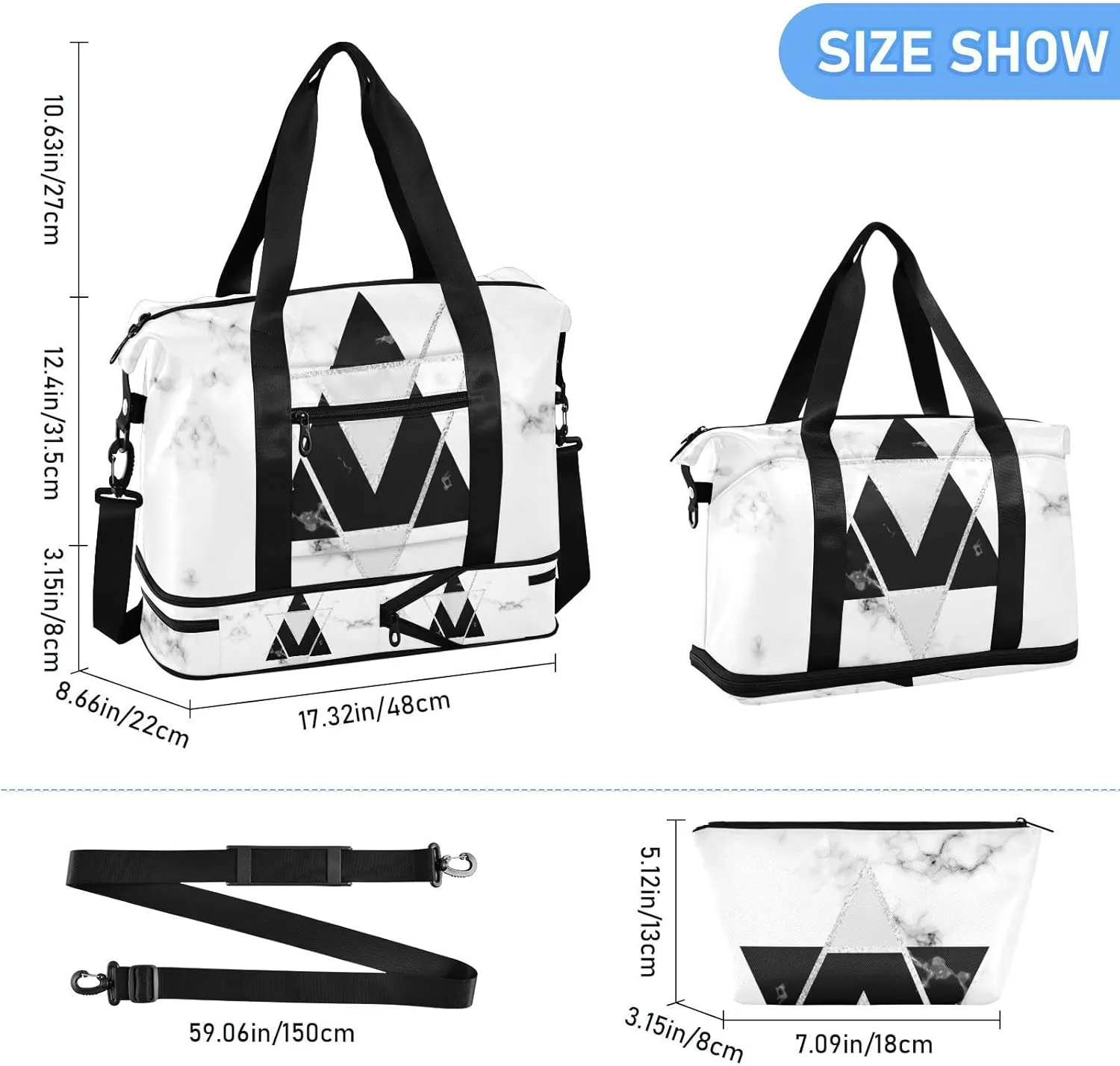 White Black Geometric Triangles with Silver Lines White Marble Gym Duffel Bag, Polyester Travel Weekender Luggage Handbag with Waterproof Pocket for Wet Items, Unisex Foldable Tote for Sports