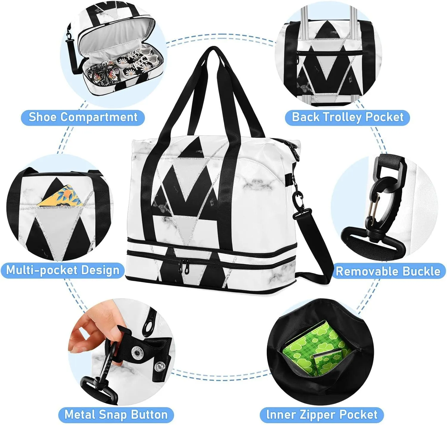 White Black Geometric Triangles with Silver Lines White Marble Gym Duffel Bag, Polyester Travel Weekender Luggage Handbag with Waterproof Pocket for Wet Items, Unisex Foldable Tote for Sports