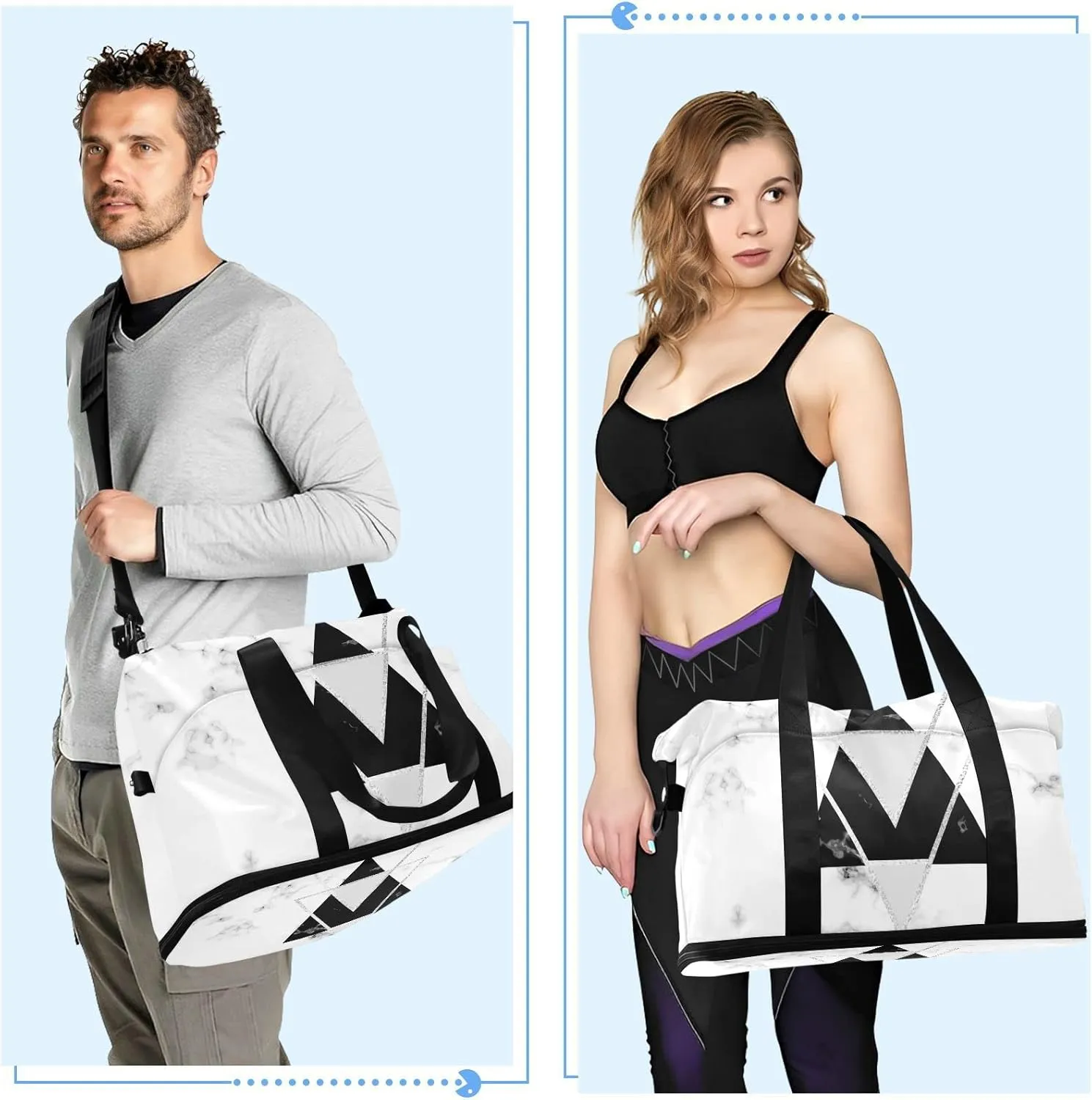White Black Geometric Triangles with Silver Lines White Marble Gym Duffel Bag, Polyester Travel Weekender Luggage Handbag with Waterproof Pocket for Wet Items, Unisex Foldable Tote for Sports