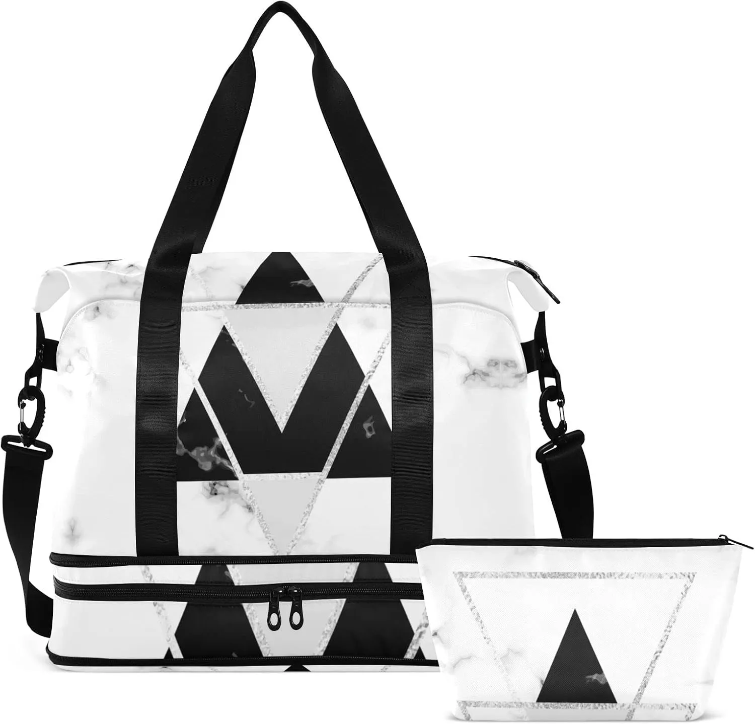 White Black Geometric Triangles with Silver Lines White Marble Gym Duffel Bag, Polyester Travel Weekender Luggage Handbag with Waterproof Pocket for Wet Items, Unisex Foldable Tote for Sports