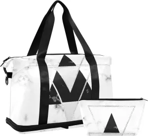 White Black Geometric Triangles with Silver Lines White Marble Gym Duffel Bag, Polyester Travel Weekender Luggage Handbag with Waterproof Pocket for Wet Items, Unisex Foldable Tote for Sports