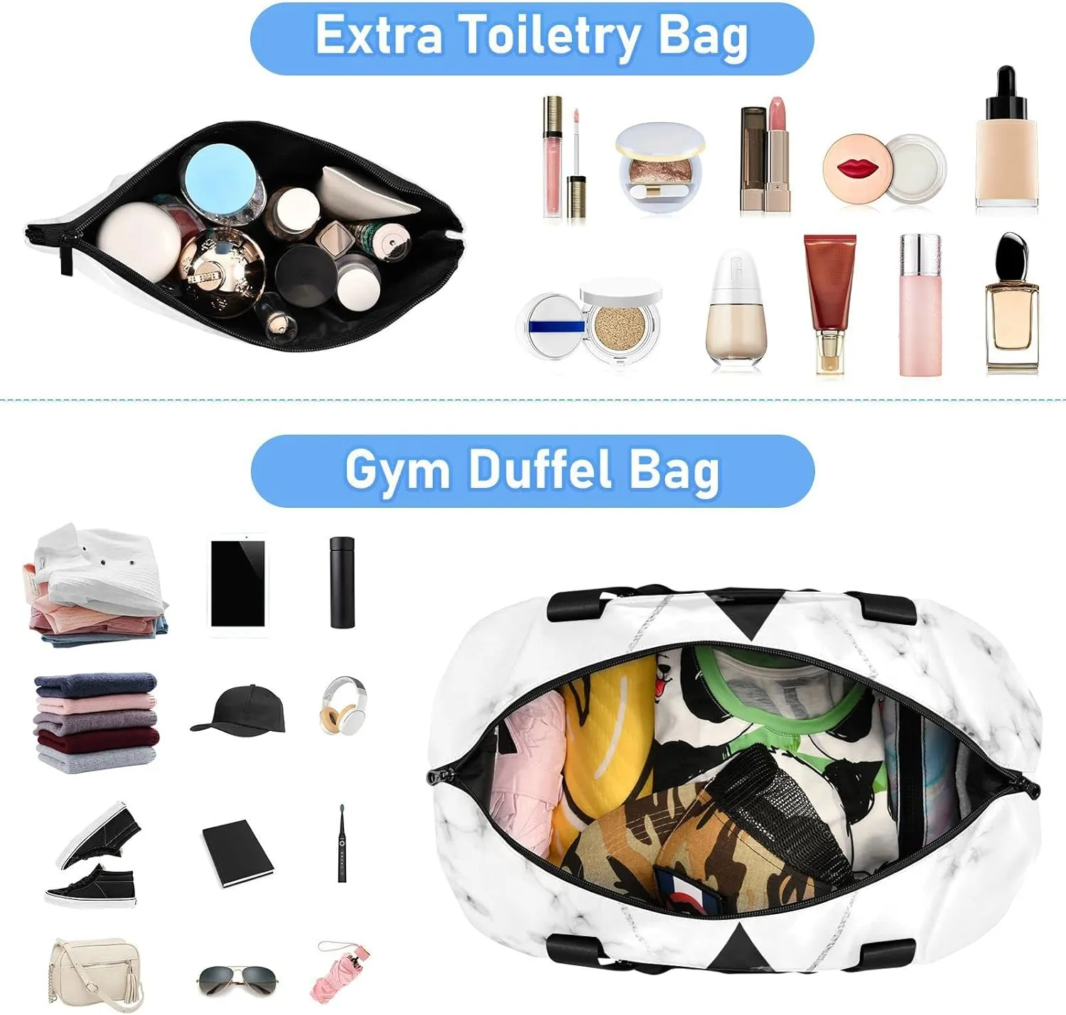 White Black Geometric Triangles with Silver Lines White Marble Gym Duffel Bag, Polyester Travel Weekender Luggage Handbag with Waterproof Pocket for Wet Items, Unisex Foldable Tote for Sports