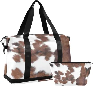 White Brown Print Cow Gym Bag for Women Sport Travel Duffel Bag Shoulder Weekender Overnight Bags with Wet Pocket & Shoe Compartment